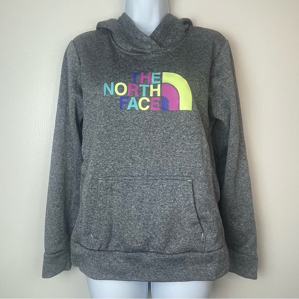 The North Face Half Dome Pullover Hoodie in heather grey with a multi-color logo